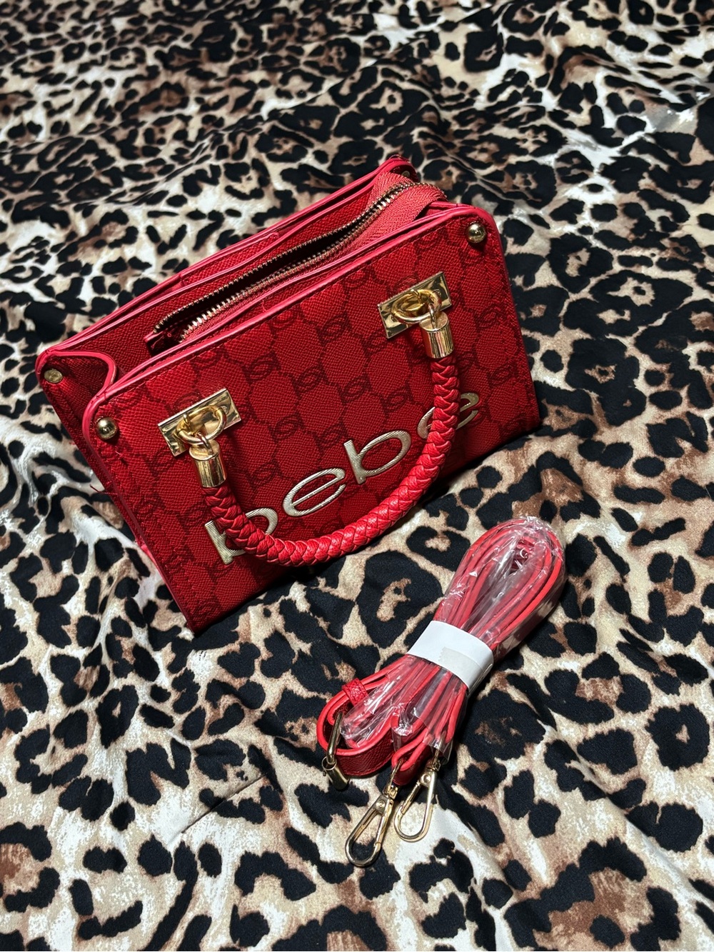 bebe Red Mini Satchel with Braided Handle and Gold Hardware